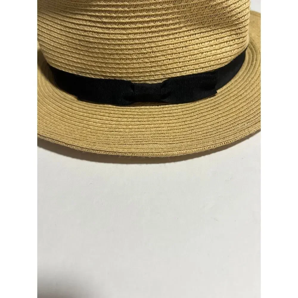 Milsa Straw Fedora Hat Tan Black Ribbon Bow 57.5cm Wide Brim Summer Sun Hat